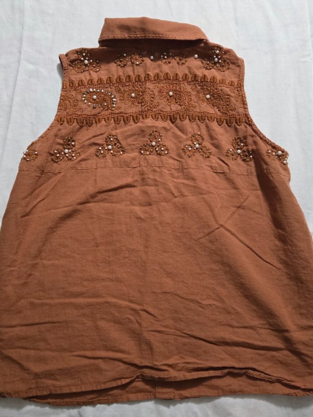 Charlie B Rust Terracotta Beaded Embroidered Sleeveless Linen Blouse P/S